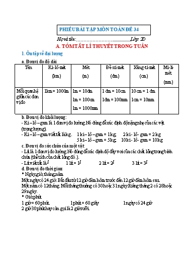Phiếu bài tập môn Toán Lớp 2 - Tuần 34 - Trường Tiểu học Nhân Hòa