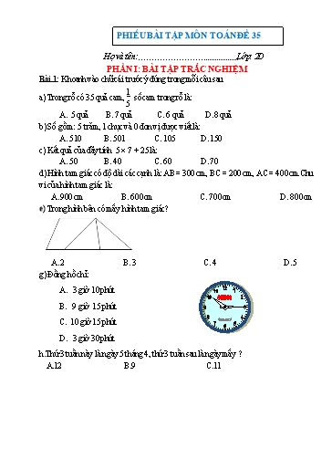 Phiếu bài tập môn Toán Lớp 2 - Tuần 35 - Trường Tiểu học Nhân Hòa