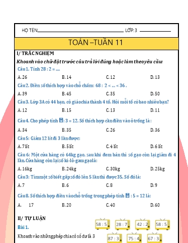 Phiếu bài tập môn Toán Lớp 3 - Tuần 11 - Năm học 2024-2025 - Trường Tiểu học Nhân Hòa