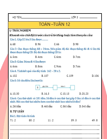 Phiếu bài tập môn Toán Lớp 3 - Tuần 12 - Năm học 2024-2025 - Trường Tiểu học Nhân Hòa