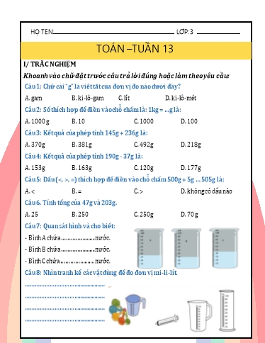 Phiếu bài tập môn Toán Lớp 3 - Tuần 13 - Năm học 2024-2025 - Trường Tiểu học Nhân Hòa