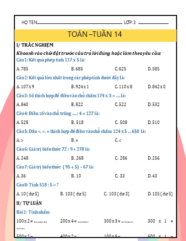 Phiếu bài tập môn Toán Lớp 3 - Tuần 14 - Năm học 2024-2025 - Trường Tiểu học Nhân Hòa