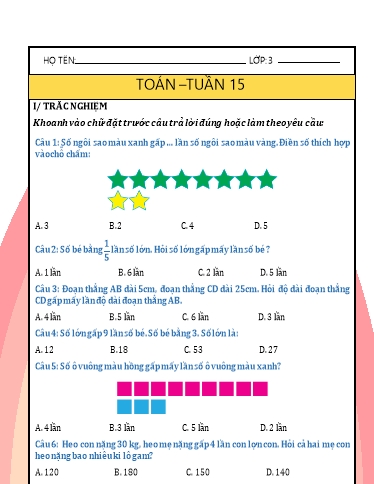 Phiếu bài tập môn Toán Lớp 3 - Tuần 15 - Năm học 2024-2025 - Trường Tiểu học Nhân Hòa