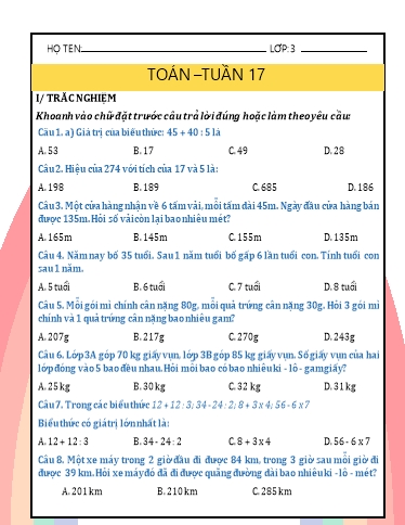 Phiếu bài tập môn Toán Lớp 3 - Tuần 17 - Năm học 2024-2025 - Trường Tiểu học Nhân Hòa