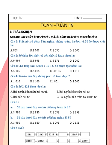 Phiếu bài tập môn Toán Lớp 3 - Tuần 19 - Năm học 2024-2025 - Trường Tiểu học Nhân Hòa