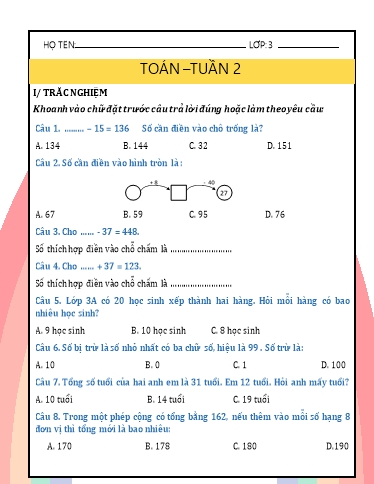Phiếu bài tập môn Toán Lớp 3 - Tuần 2 - Năm học 2024-2025 - Trường Tiểu học Nhân Hòa
