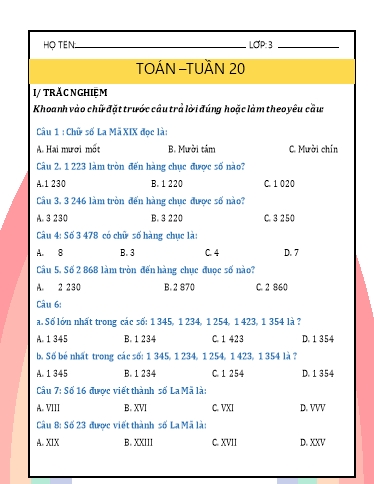 Phiếu bài tập môn Toán Lớp 3 - Tuần 20 - Năm học 2024-2025 - Trường Tiểu học Nhân Hòa