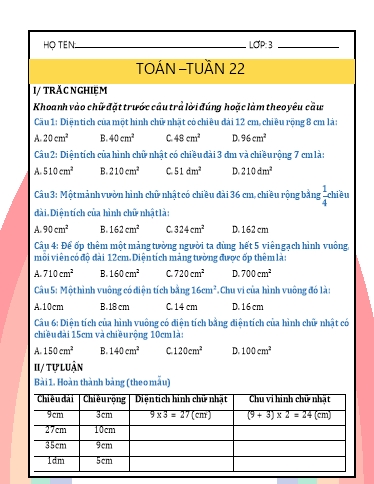 Phiếu bài tập môn Toán Lớp 3 - Tuần 22 - Năm học 2024-2025 - Trường Tiểu học Nhân Hòa