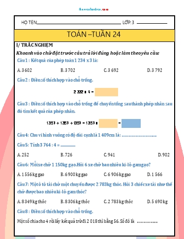 Phiếu bài tập môn Toán Lớp 3 - Tuần 24 - Năm học 2024-2025 - Trường Tiểu học Nhân Hòa