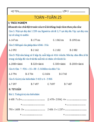 Phiếu bài tập môn Toán Lớp 3 - Tuần 25 - Năm học 2024-2025 - Trường Tiểu học Nhân Hòa
