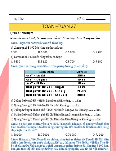 Phiếu bài tập môn Toán Lớp 3 - Tuần 27 - Năm học 2024-2025 - Trường Tiểu học Nhân Hòa