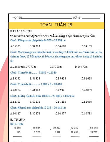 Phiếu bài tập môn Toán Lớp 3 - Tuần 28 - Năm học 2024-2025 - Trường Tiểu học Nhân Hòa