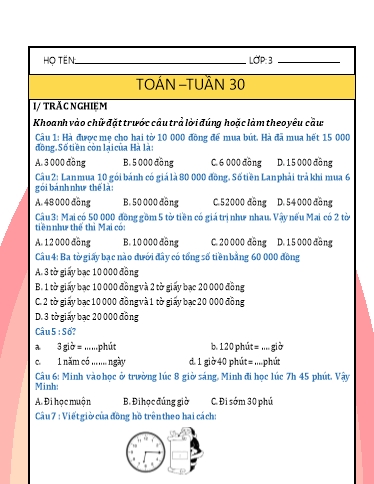 Phiếu bài tập môn Toán Lớp 3 - Tuần 30 - Năm học 2024-2025 - Trường Tiểu học Nhân Hòa