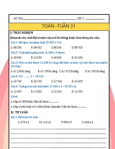 Phiếu bài tập môn Toán Lớp 3 - Tuần 31 - Năm học 2024-2025 - Trường Tiểu học Nhân Hòa