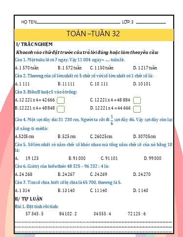 Phiếu bài tập môn Toán Lớp 3 - Tuần 32 - Năm học 2024-2025 - Trường Tiểu học Nhân Hòa
