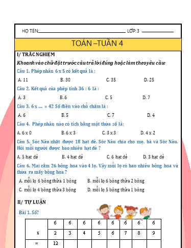 Phiếu bài tập môn Toán Lớp 3 - Tuần 4 - Năm học 2024-2025 - Trường Tiểu học Nhân Hòa