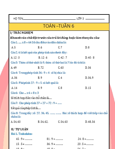 Phiếu bài tập môn Toán Lớp 3 - Tuần 6 - Năm học 2024-2025 - Trường Tiểu học Nhân Hòa