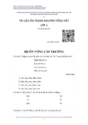 Tài liệu ôn Trạng Nguyên Tiếng Việt Lớp 1 (Cấp trường)
