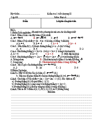 2 Đề kiểm tra 1 tiết môn Toán (Đại số) 9 - Chương 2 - Trường THCS Trần Kim Xuyến