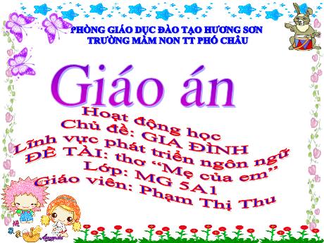 Bài giảng Mầm non Lớp Lá - Chủ đề: Gia đình - Đề tài: Thơ Mẹ của em - Phạm Thị Thu