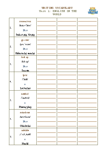Bài tập viết Từ vựng Tiếng Anh 9 - Unit 1: English in the World
