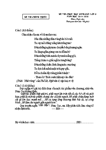 Đề thi chọn học sinh giỏi môn Ngữ văn 8 - Năm học 2019-2020 - Trường THCS Trần Kim Xuyến