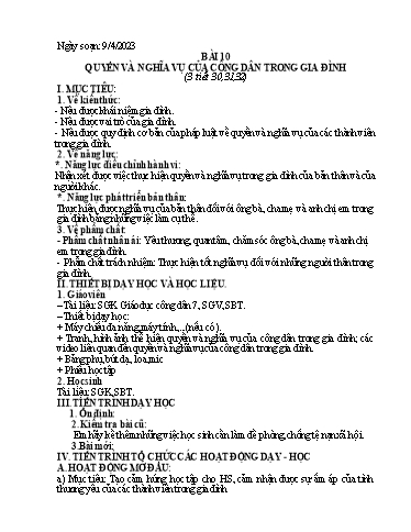 Kế hoạch bài dạy Giáo dục công dân 7 - Bài 10: Quyền và nghĩa vụ công dân trong gia đình - Năm học 2022-2023 - Trường THCS Trần Kim Xuyến