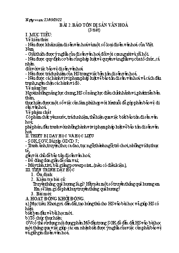 Kế hoạch bài dạy Giáo dục công dân 7 - Bài 2: Bảo tồn di sản văn hóa - Năm học 2022-2023 - Nguyễn Quỳnh Chi