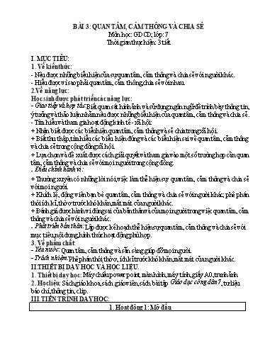 Kế hoạch bài dạy Giáo dục công dân 7 - Bài 3: Quan tâm, cảm thông và chia sẻ - Năm học 2022-2023 - Nguyễn Quỳnh Chi