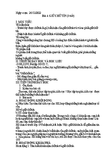 Kế hoạch bài dạy Giáo dục công dân 7 - Bài 4: Giữ chữ tín (3T) - Năm học 2022-2023 - Nguyễn Quỳnh Chi