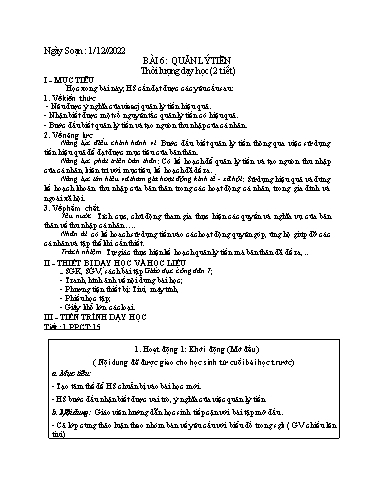Kế hoạch bài dạy Giáo dục công dân 7 - Bài 6: Quản lí tiền (2T) - Năm học 2022-2023 - Trường THCS Trần Kim Xuyến