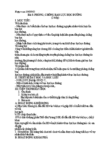 Kế hoạch bài dạy Giáo dục công dân 7 - Bài 8: Phòng, chống bạo lực học đường (2T) - Năm học 2022-2023 - Nguyễn Quỳnh Chi