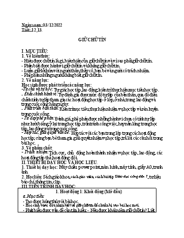 Kế hoạch bài dạy Giáo dục công dân 7 - Bài: Giữ chứ tín - Năm học 2022-2023- Trường THCS Trần Kim Xuyến
