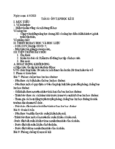 Kế hoạch bài dạy Giáo dục công dân 7 - Tiết 33: Ôn tập học kì 2 - Năm học 2022-2023 - Trường THCS Trần Kim Xuyến