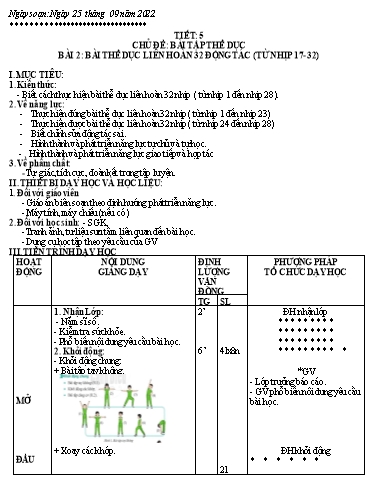 Kế hoạch bài dạy Giáo dục địa phương 6 - Bài 2: Bài thể dục liên hoàn 32 động tác (từ nhịp 17-32) - Năm học 2022-2023 - Trường THCS Trần Kim Xuyến