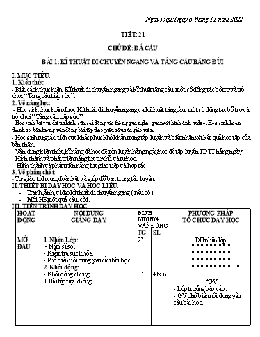 Kế hoạch bài dạy Giáo dục địa phương 6 - Tiết 21, Bài 1: Kĩ thuật di chuyển ngang và tâng cầu bằng đùi - Năm học 2022-2023 - Trường THCS Trần Kim Xuyến