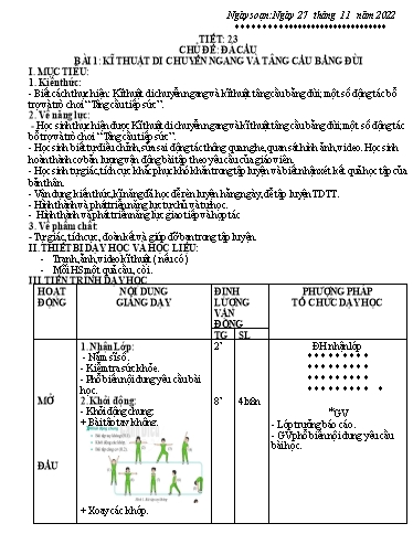 Kế hoạch bài dạy Giáo dục địa phương 6 - Tiết 23, Bài 1: Kĩ thuật di chuyển ngang và tâng cầu bằng đùi - Năm học 2022-2023 - Trường THCS Trần Kim Xuyến