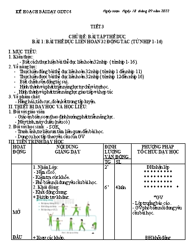 Kế hoạch bài dạy Giáo dục địa phương 6 - Tiết 3: Bài thể dục liên hoàn 32 động tác - Năn học 2022-2023 - Trường THCS Trần Kim Xuyến