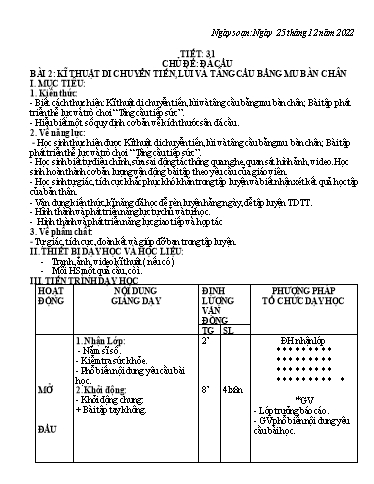 Kế hoạch bài dạy Giáo dục địa phương 6 - Tiết 31, Bài 2: Kĩ thuật di chuyển tiến, lùi và tâng cầu bằng mu bàn chân - Năm học 2022-2023 - Trường THCS Trần Kim Xuyến