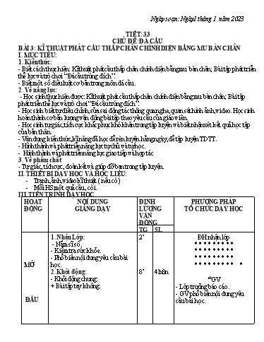 Kế hoạch bài dạy Giáo dục địa phương 6 - Tiết 33, Bài 2: Kĩ thuật phát cầu thấp chân chính diện bằng mu bàn chân - Năm học 2022-2023 - Trường THCS Trần Kim Xuyến