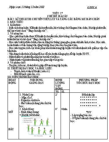 Kế hoạch bài dạy Giáo dục thể chất 6 - Tiết 27+28, Bài 2: Kĩ thuật di chuyển tiến, lùi và tâng cầu bằng mu bàn chân - Năm học 2022-2023 - Trường THCS Trần Kim Xuyến