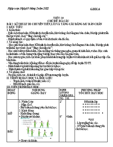 Kế hoạch bài dạy Giáo dục thể chất 6 - Tiết 29+30, Bài 2: Kĩ thuật di chuyển tiến, lùi và tâng cầu bằng mu bàn chân - Năm học 2022-2023 - Trường THCS Trần Kim Xuyến