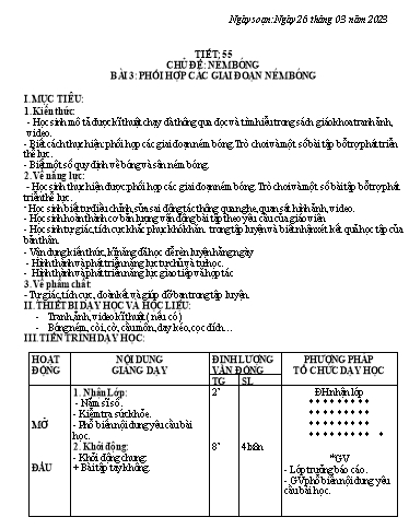 Kế hoạch bài dạy Giáo dục thể chất 6 - Tiết 55+56, Bài 3: Phối hợp các giai đoạn ném bóng - Năm học 2022-2023 - Trường THCS Trần Kim Xuyến