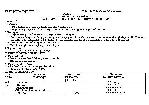 Kế hoạch bài dạy Giáo dục thể chất 6+8 - Tiết 1+2 - Năm học 2022-2023 - Trường THCS Trần Kim Xuyến