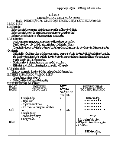 Kế hoạch bài dạy Giáo dục thể chất 7 - Tiết 15+16, Bài 3: Phối hợp trong giai đoạn trong chạy cự li ngắn (60m) - Năm học 2022-2023 - Trường THCS Trần Kim Xuyến
