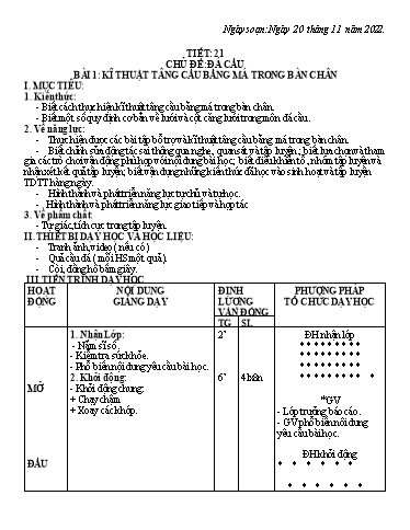 Kế hoạch bài dạy Giáo dục thể chất 7 - Tiết 21+22, Bài 1: Kĩ thuật tâng cầu bằng má trong bàn chân - Năm học 2022-2023 - Trường THCS Trần Kim Xuyến
