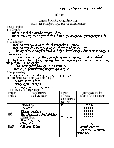 Kế hoạch bài dạy Giáo dục thể chất 7 - Tiết 49+50, Bài 2: Kĩ thuật chạy đà và giậm nhảy - Năm học 2022-2023 - Trường THCS Trần Kim Xuyến
