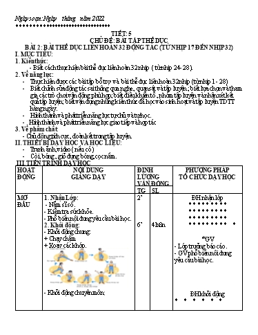 Kế hoạch bài dạy Giáo dục thể chất 7 - Tiết 5+6, Bài 2: Bài thể dục liên hoàn 32 động tác (Từ nhịp 17 đến nhịp 32) - Năm học 2022-2023 - Trường THCS Trần Kim Xuyến