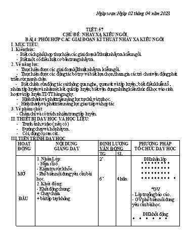 Kế hoạch bài dạy Giáo dục thể chất 7 - Tiết 57+58, Bài 4: Phối hợp các giai đoạn kĩ thuật nhảy xa kiểu ngồi - Năm học 2022-2023 - Trường THCS Trần Kim Xuyến