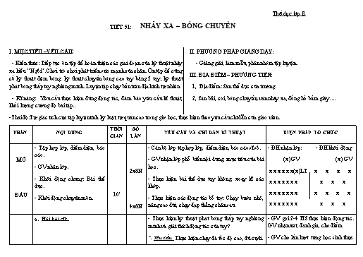 Kế hoạch bài dạy Giáo dục thể chất 8 - Tiết 51+52, Bài : Nhảy xa-bóng chuyền - Năm học 2022-2023 - Trường THCS Trần Kim Xuyến